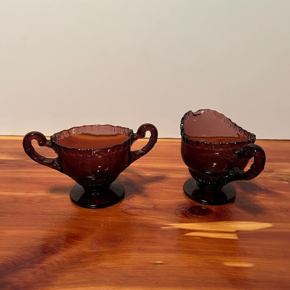 Vintage Small Cream & Sugar Set Red Amber Glass MidCentury Modern Cottage Core - Picture 1 of 7